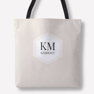 Tote Bag Monogramme Beige Simple Neutre Moderne Nom Personn