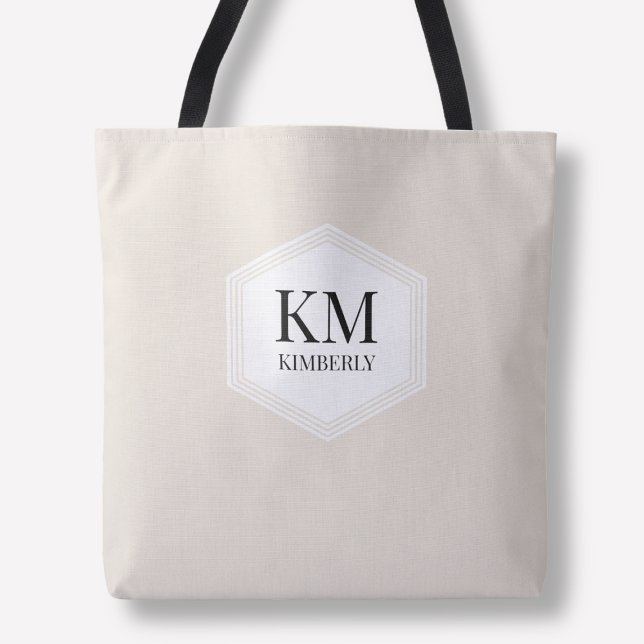 Tote Bag Monogramme Beige Simple Neutre Moderne Nom Personn (Monogram Beige Simple Neutral Modern Custom Name Tote Bag)