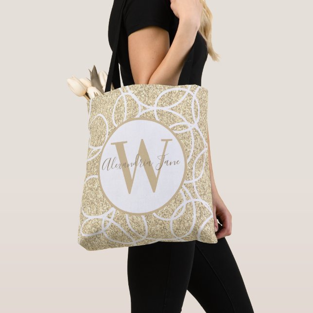 Tote Bag Monogramme Blanc Cercle Gold Parties scintillant A (De près)