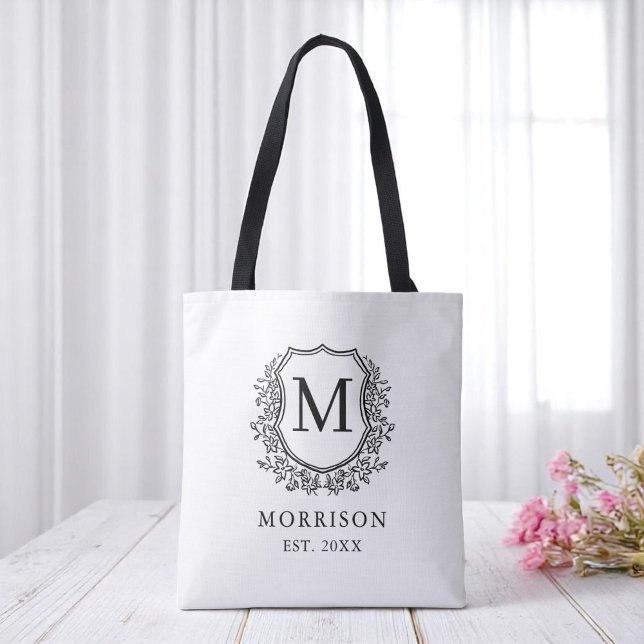 Tote Bag Monogramme Blanc Noir Crest Mariage botanique (Créateur téléchargé)
