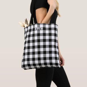 Tote Bag Monogramme blanc noir de plaid de Buffalo