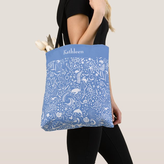 Tote Bag Monogramme bleu Ajouter Votre Nom Ocean Motif (De près)