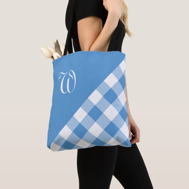 Tote Bag Monogramme Bleu Bleu Bleu Bleu Chèque Géométrique (De près)