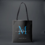 Tote Bag Monogramme bleu de l'océan noir Nom initial<br><div class="desc">Monogramme bleu océanique moderne Élégant Nom du script Sac fourre-tout initial</div>