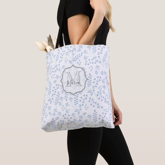 Tote Bag Monogramme Bleu Élégant Floral Personnalisé Botani (De près)