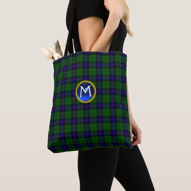 TOTE BAG MONOGRAMME BLEU GREEN ÉCOSSE ARMSTRONG TARTAN GEM  (De près)