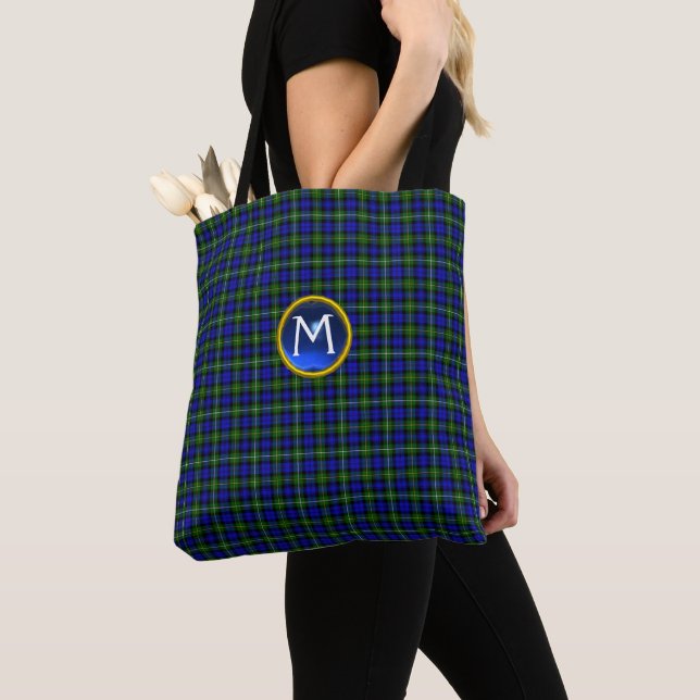 TOTE BAG MONOGRAMME BLEU GREEN SCOTTISH CAMPBELL TARTAN GEM (De près)