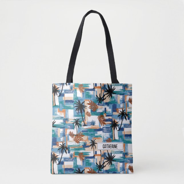 Tote Bag Monogramme bleu Motif Tropical Moderne (Devant)