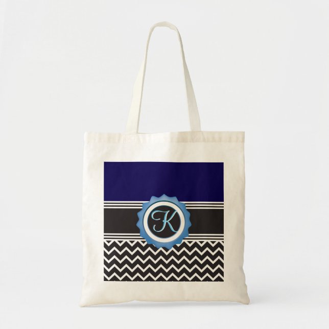 Tote Bag Monogramme bleu noir Chevron (Devant)