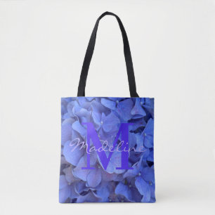 Tote Bag Monogramme bleu periwinkel élégant hydrangée flora