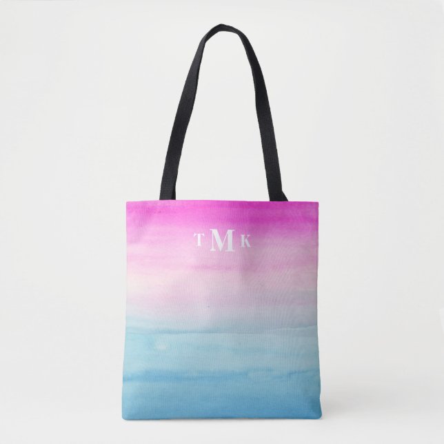 Tote Bag Monogramme bleu rose de l'aquarelle | d'Ombre (Devant)