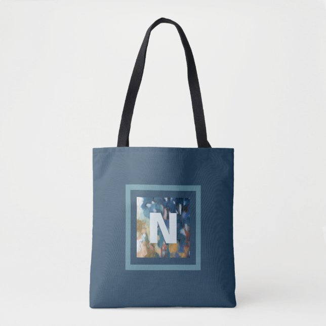 Tote Bag Monogramme bleu sarcelle aquarelle moderne élégant (Devant)