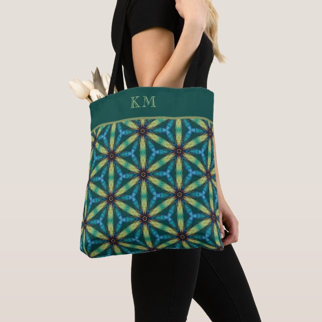 Tote Bag Monogramme Bleu Vert Abstrait Floral Chic Girly (De près)