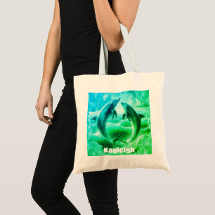 Tote Bag Monogramme Bleu & Vert Dolphins Océan