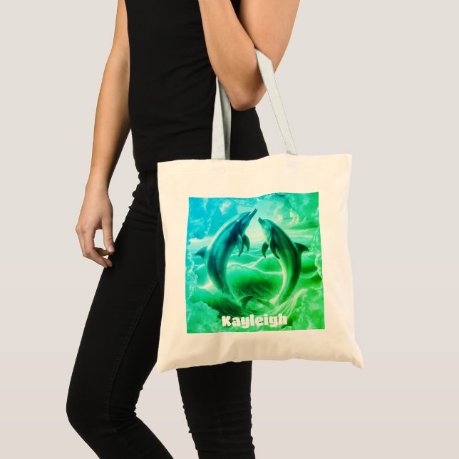 Tote Bag Monogramme Bleu & Vert Dolphins Océan | (Devant (produit))