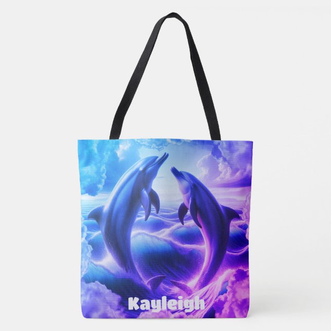 Tote Bag Monogramme Bleu & violet Dolphins Océan | (Devant)