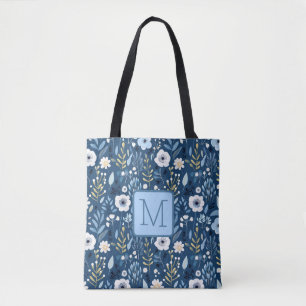Tote Bag Monogramme Bloc de Couleur Fleurs Bleues, Blanches