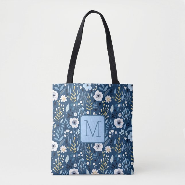 Tote Bag Monogramme Bloc de Couleur Fleurs Bleues, Blanches (Devant)