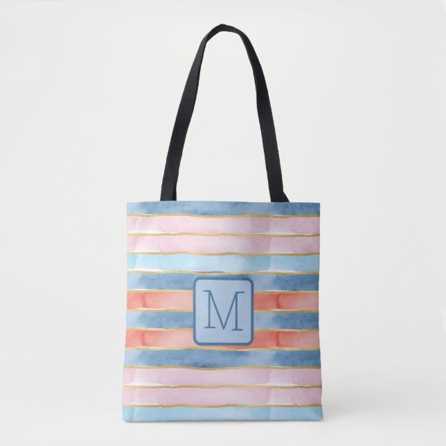 Tote Bag Monogramme Bloc de Couleur Rayures Aquarelle Bleu (Devant)