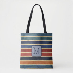 Tote Bag Monogramme bloc de couleur rayures aquarelle marin