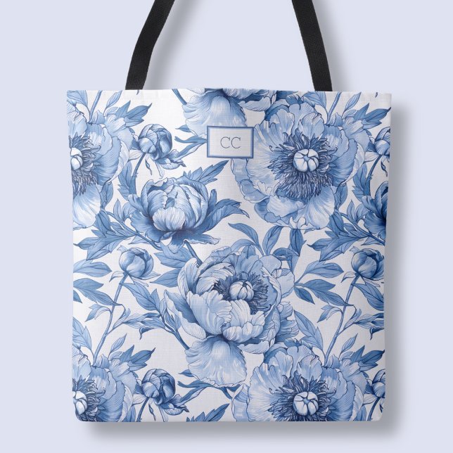 Tote Bag Monogramme Blue Floral Bridesmaid Flower Shopping (Monogram Blue Floral Bridesmaid Flower Shopping Tote Bag)