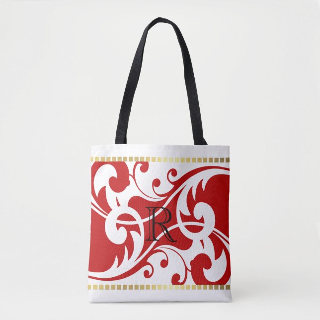 Tote Bag Monogramme bordure or blanc et rouge (Devant)