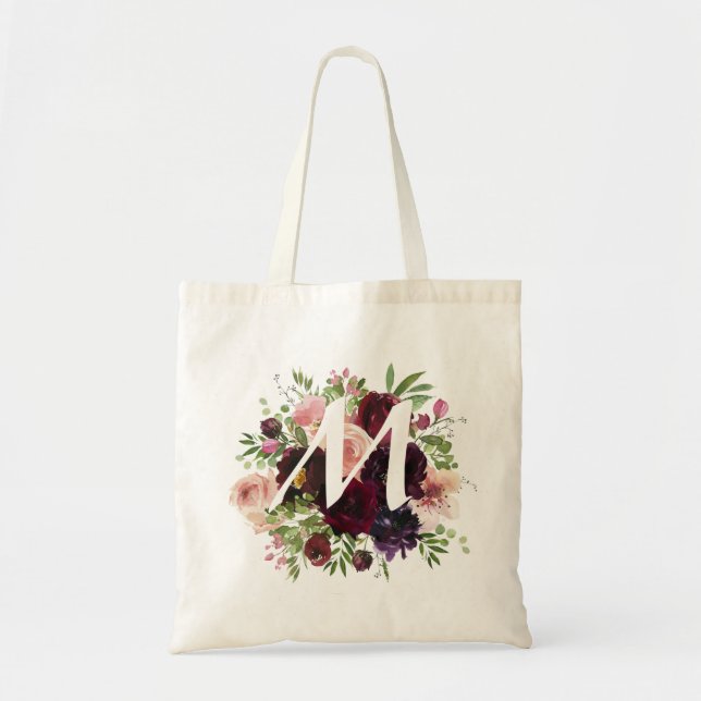 Tote Bag Monogramme & Bourgogne & Flore rose pâle (Devant)