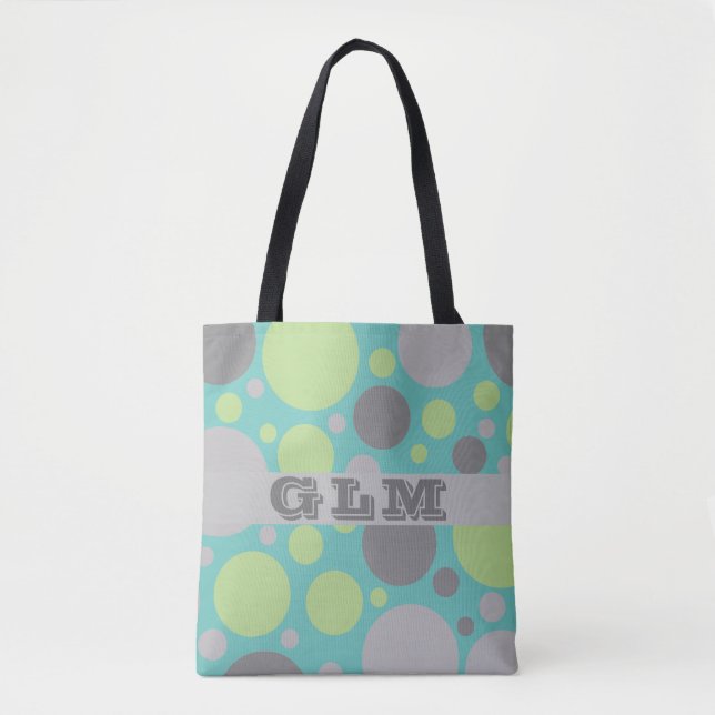 Tote Bag Monogramme Bulles Vert et Gris Moderne (Devant)