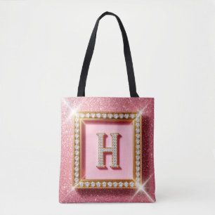 Tote Bag Monogramme Cadre Or Initiale H Diamant Paillettes
