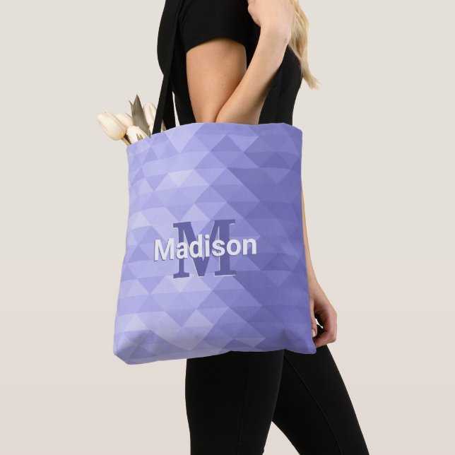 Tote Bag Monogramme carré de géométrie triangulaire violet (De près)