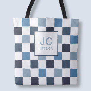 Tote Bag Monogramme Carreaux Bleu Moderne Initiales Simples
