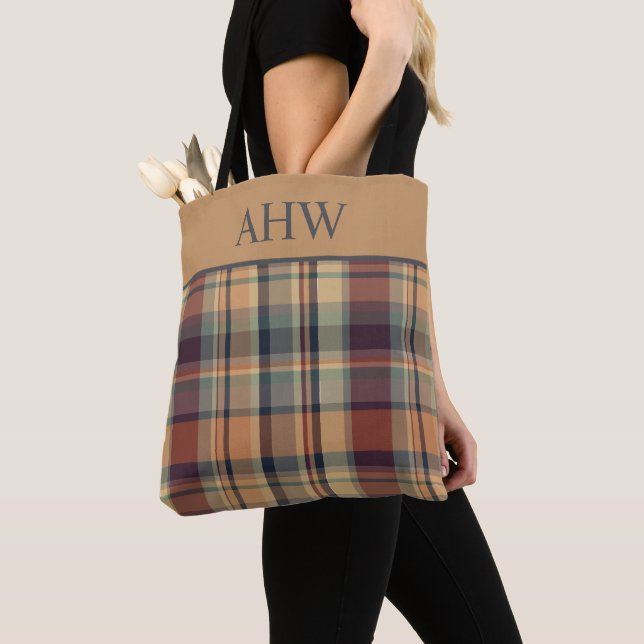 Tote Bag Monogramme carreaux marron chaud et crème (De près)