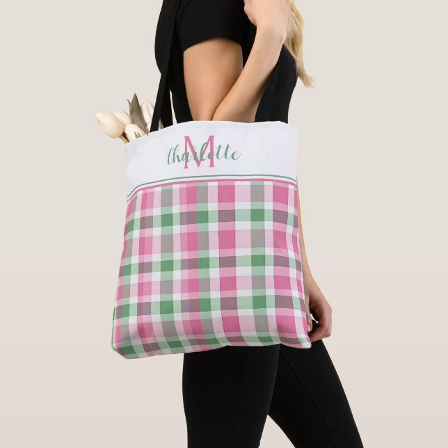 Tote Bag Monogramme carreaux rose et vert Prépa (De près)