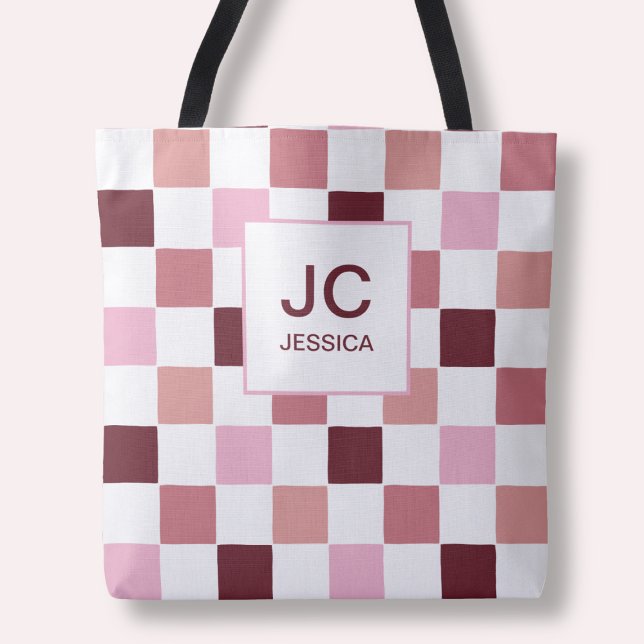 Tote Bag Monogramme Carreaux Rose Rouge Moderne Simple Init (Monogram Checkered Pink Red Modern Simple Initals Tote Bag)