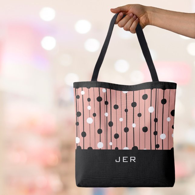 Tote Bag Monogramme Cercles Abstraits Lignes Noir Blanc Ros (Monogrammed Initials or Name Abstract Circles Lines Modern Pink Black Canvas Shopping Tote Bag)