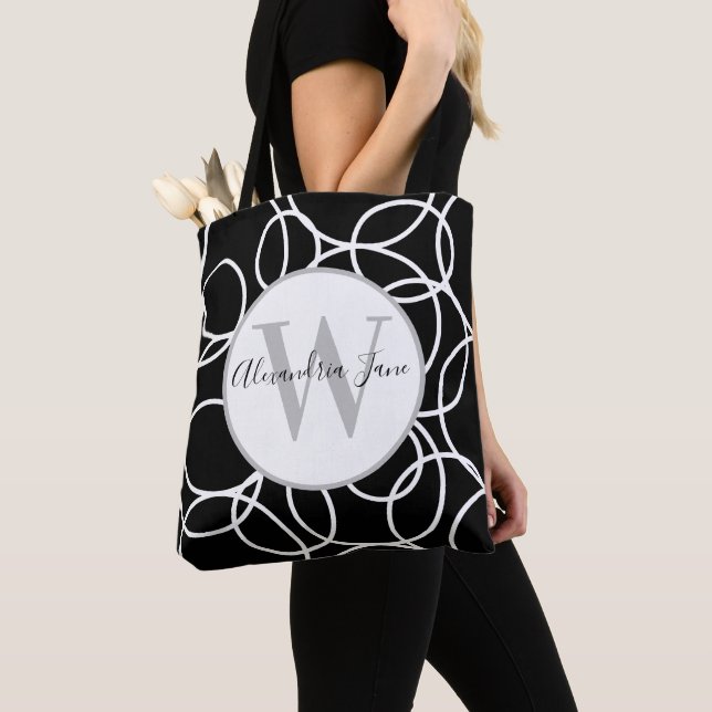 Tote Bag Monogramme Cercles blancs Noir moderne Abstrait (De près)