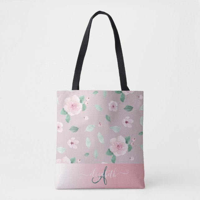 Tote Bag Monogramme Chic Fleurs Aquarelles (Devant)