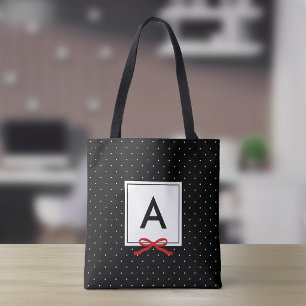 Tote Bag Monogramme chic motif ruban rouge pois noirs