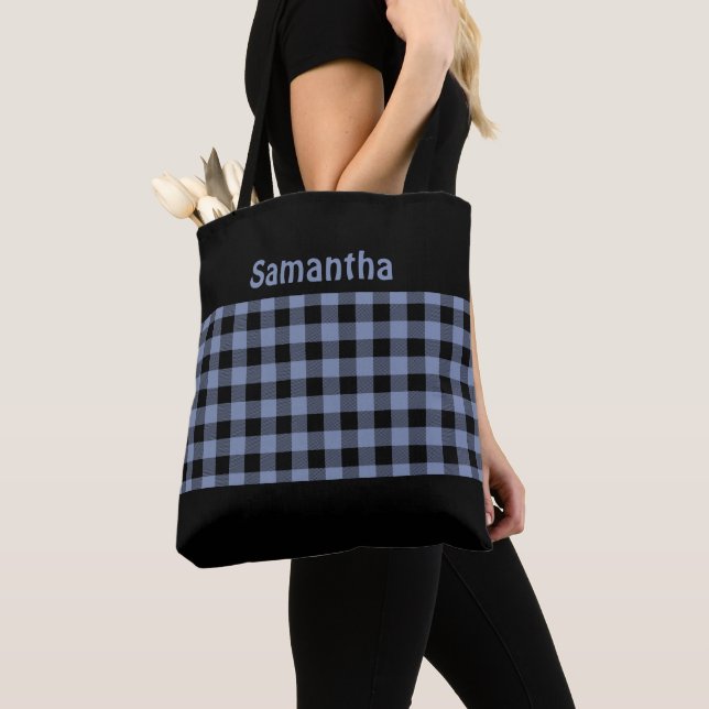 Tote Bag Monogramme Chic Plaid de Buffalo Noir et Bleu Tend (De près)