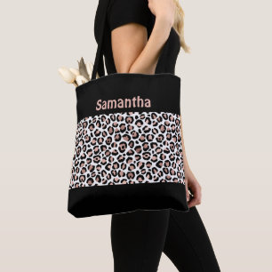 Tote Bag Monogramme Chic Rose Gold et Imprimé Léopard Noir