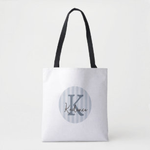Tote Bag Monogramme circulaire rayé personnalisé bleu ardoi
