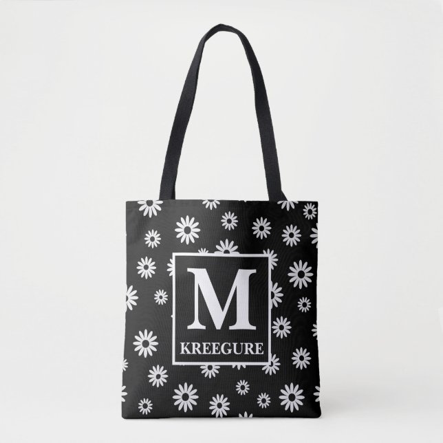 Tote Bag Monogramme Classic Serif BW Daisies (Devant)