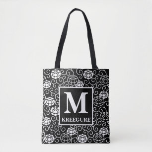 Tote Bag Monogramme Classic Serif BW Peonies