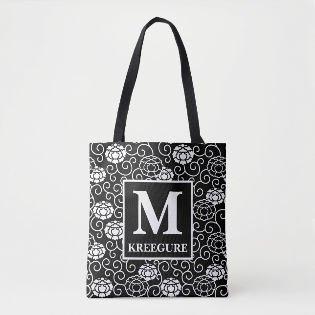 Tote Bag Monogramme Classic Serif BW Peonies (Devant)