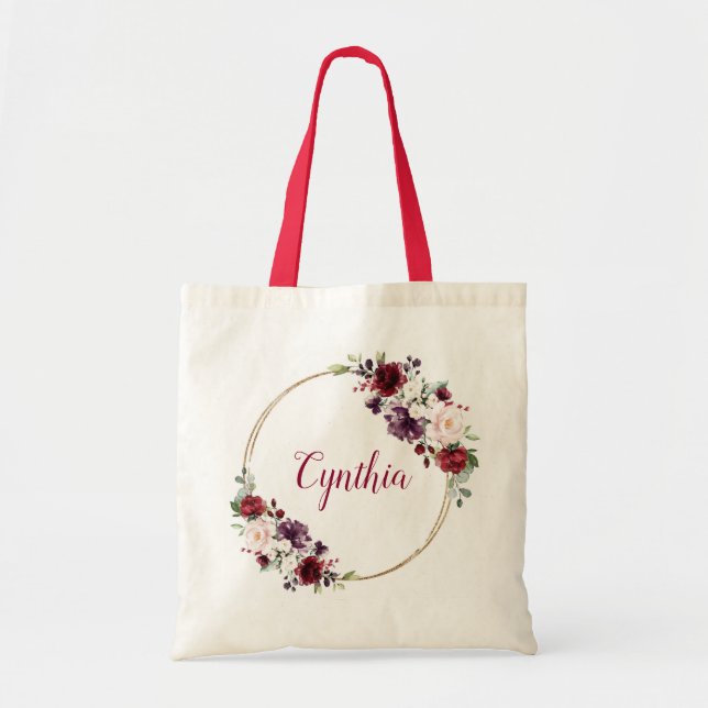 Tote Bag Monogramme classique floral bourguignon moderne  (Devant)