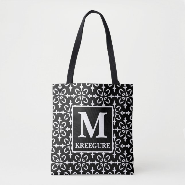 Tote Bag Monogramme classique serif BW Flora Damask (Devant)