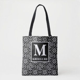 Tote Bag Monogramme classique Serif BW Thistle Damask