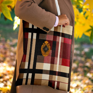 Tote Bag Monogramme Classique Style Plaid Beige Rouge & Noi
