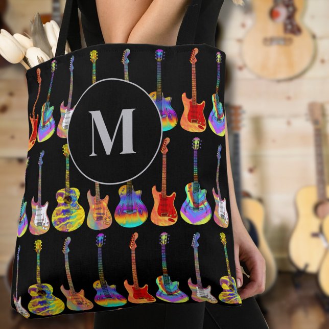 Tote Bag Monogramme Coloré de Guitare (guitar monogram custom tote bag psychedelic guitars on black for guitarists musicians music teachers)