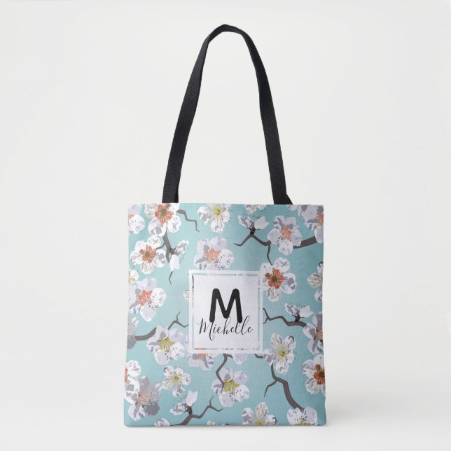 Tote Bag Monogramme coloré en fleurs de cerisier blanc (Devant)